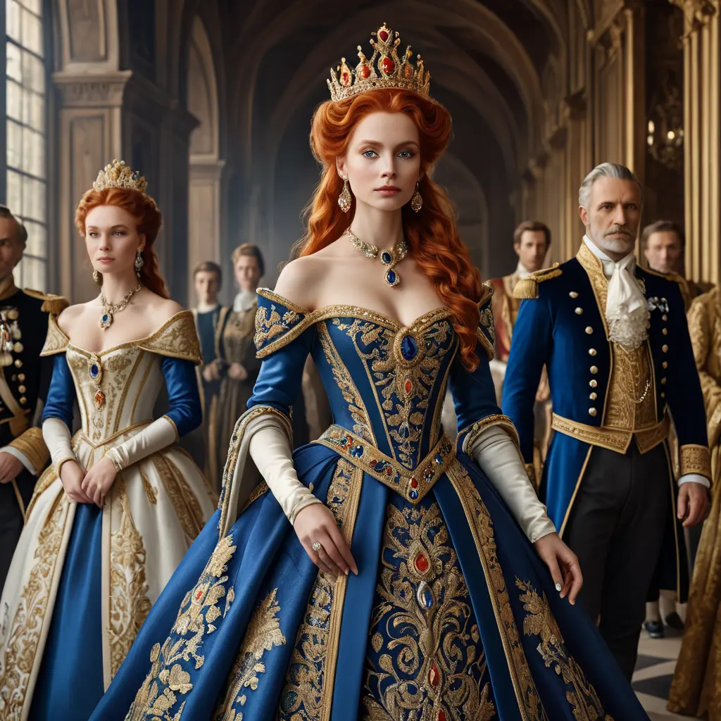 A regal queen with porcelain skin and fiery red locks, adorned in a gown of shimmering gold and sapphire, surrounded by a retinue of loyal courtiers, Highly Detailed, Half Body, Gorgeous, Stunning, Elegant by Stefan Kostic