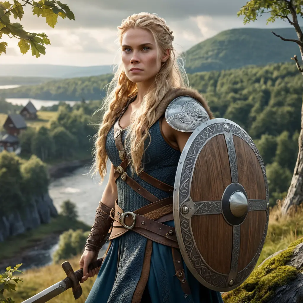 A Viking shieldmaiden with long, wild blonde hair and a fierce battle-axe, standing on the edge of a forest, with a village in the background, Highly Detailed, Half Body, Gorgeous, Stunning, Elegant by Greg Rutkowski