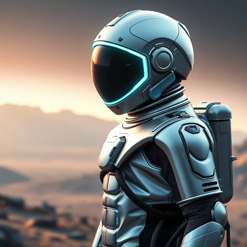 A futuristic astronaut with a sleek, silver spacesuit and a helmet adorned with glowing, neon-blue accents, standing on the surface of a distant, alien planet, Highly Detailed, Half Body, Gorgeous, Stunning, Elegant by Stefan Kostic