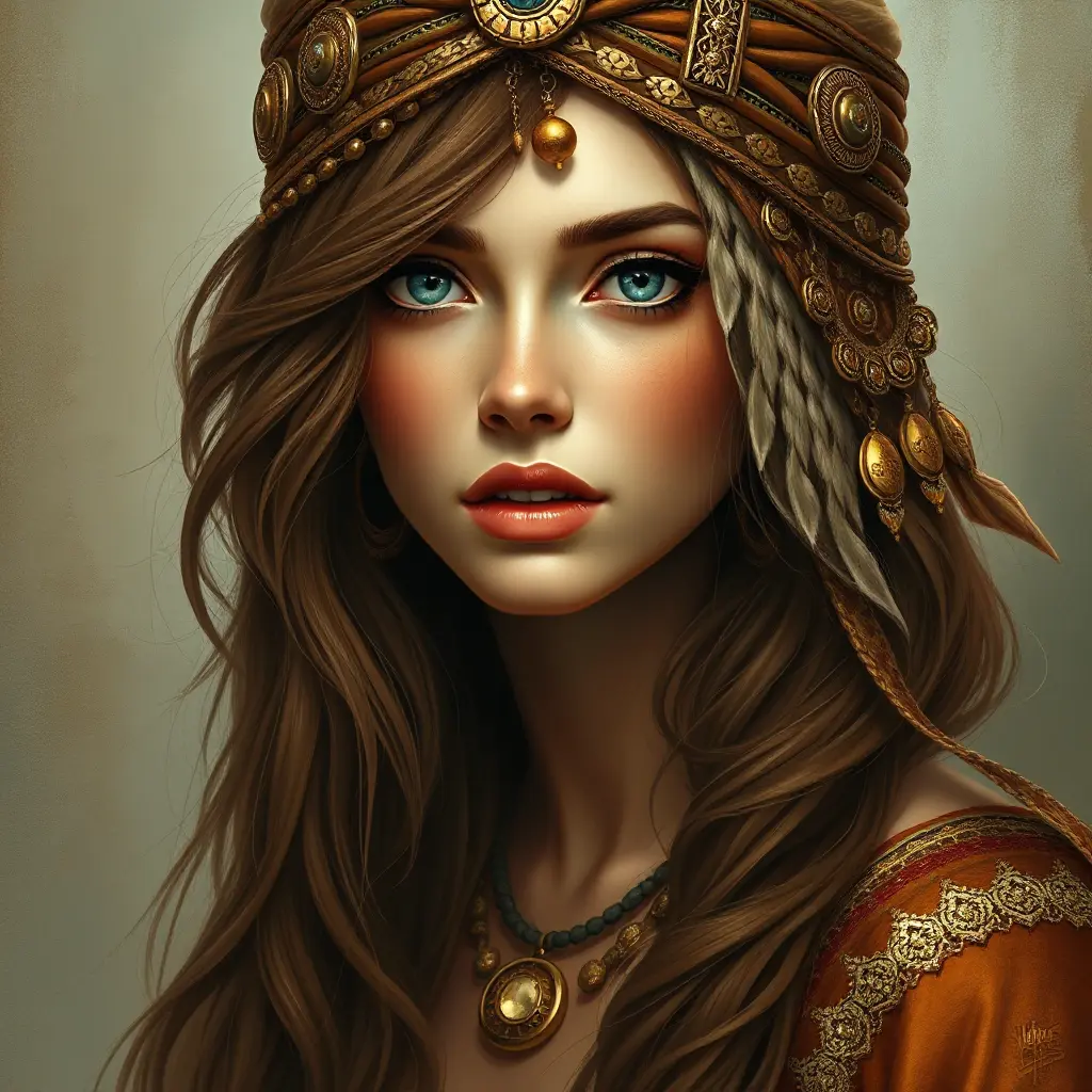 captivating gypsy with deep, soulful eyes, bohemian attire, and a carefree spirit, Highly Detailed, Half Body, Gorgeous, Stunning, Elegant by Stanley Artgerm Lau, Stefan Kostic