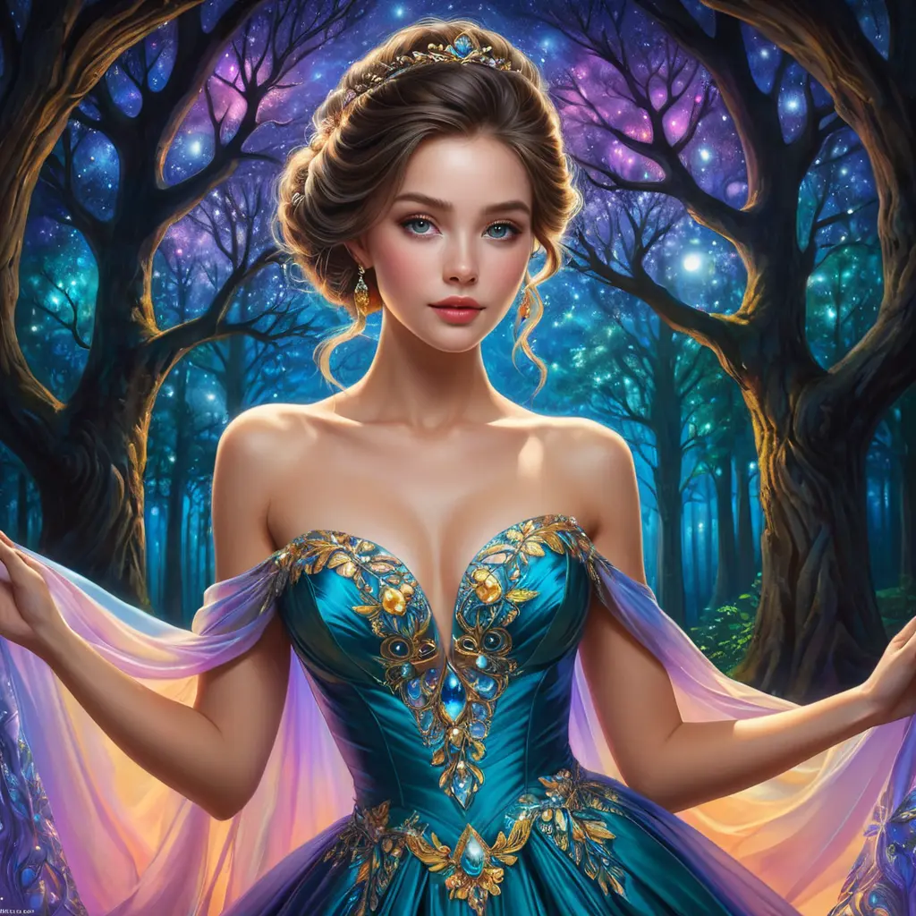 A woman whose beauty transcends time, draped in a gown that reflects the kaleidoscope of colors found in an enchanted forest, her skin glowing with the soft luminescence of moonlight, her eyes holding secrets as old as nature itself., Highly Detailed, Half Body, Gorgeous, Stunning, Elegant by Stanley Artgerm Lau