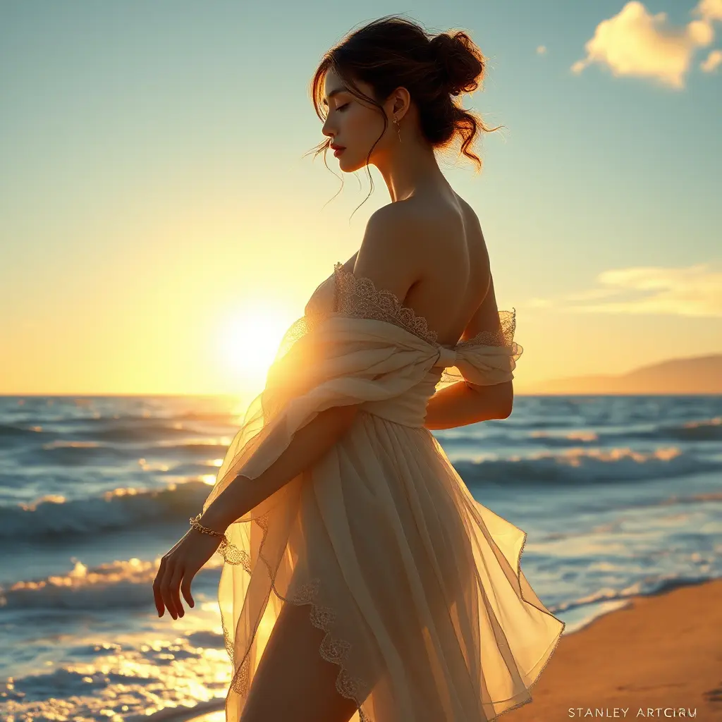 A vision of beauty basking in the golden light of the setting sun on a secluded beach, her figure outlined against the backdrop of the vast ocean, her attire a delicate fusion of natural elements—earth, water, and air., Highly Detailed, Half Body, Gorgeous, Stunning, Elegant by Stanley Artgerm Lau