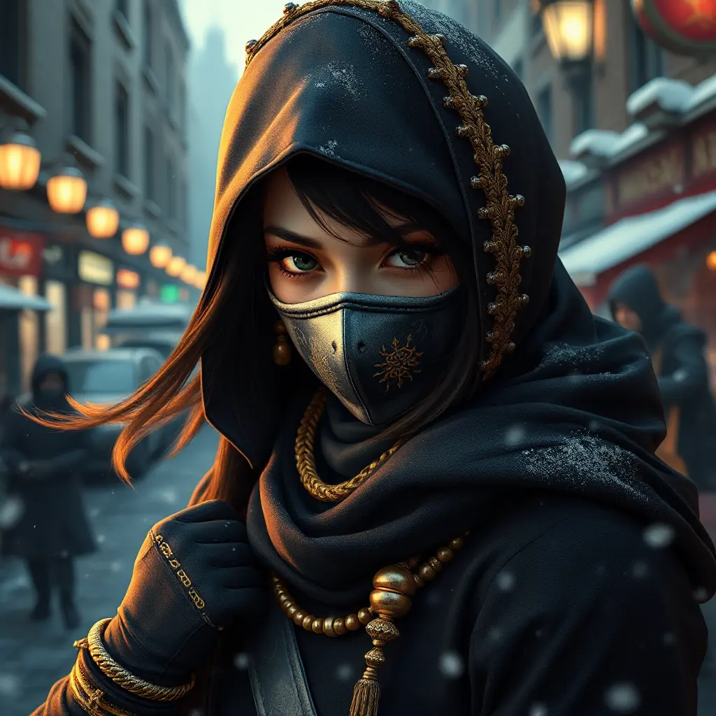 Wallpaper of a mysterious beautiful masked kunoichi ninja wearing eyeliner and gold jewelry in the streets of a dark snowy town in moscow, fluid motion, 8k, Intricate Details, Trending on Artstation, Beautiful, Stunning, Centered by Stanley Artgerm Lau, WLOP