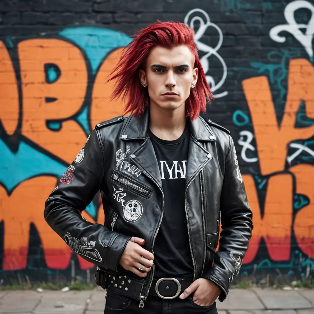 A rebellious punk rock icon with bold, crimson hair and a leather jacket, standing defiantly in front of a graffiti-covered city wall, Highly Detailed, Half Body, Gorgeous, Stunning, Elegant by Stefan Kostic