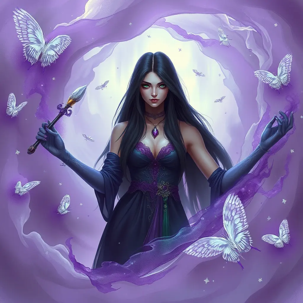 A mystical sorceress with piercing emerald eyes and raven-black hair, standing amidst a swirling vortex of purple mist, Highly Detailed, Half Body, Gorgeous, Stunning, Elegant by Stefan Kostic