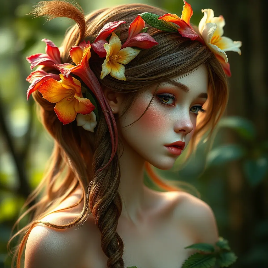 enchanting forest nymph with delicate features, vibrant wildflowers adorning her hair, Highly Detailed, Half Body, Gorgeous, Stunning, Elegant by Stanley Artgerm Lau, Stefan Kostic