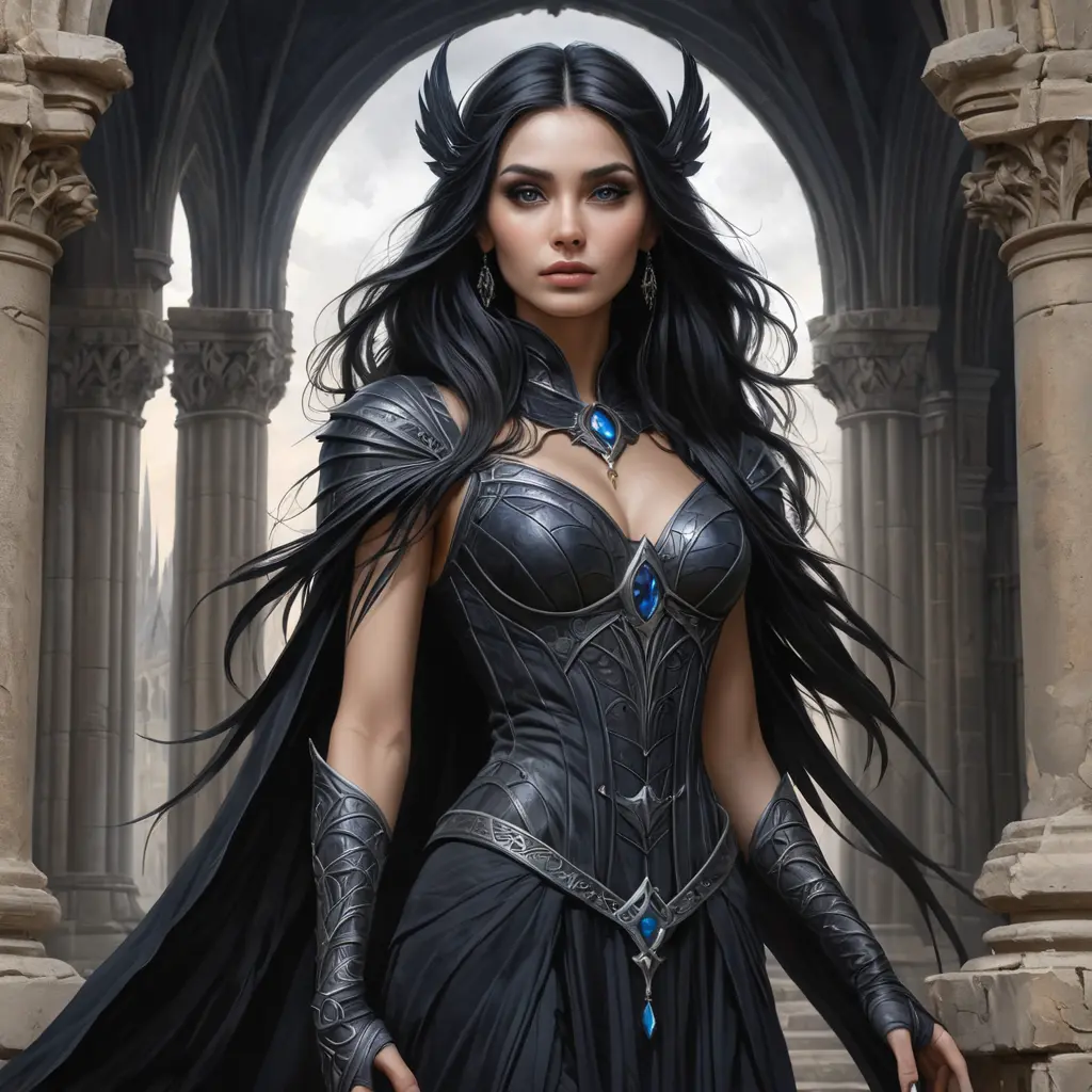 An enchantress standing amidst the ruins of an old, gothic cathedral, her raven hair flowing like a river of midnight ink, her eyes piercing through the shadows cast by the broken spires, a mystical energy emanating from her fingertips., Highly Detailed, Half Body, Gorgeous, Stunning, Elegant by Stanley Artgerm Lau