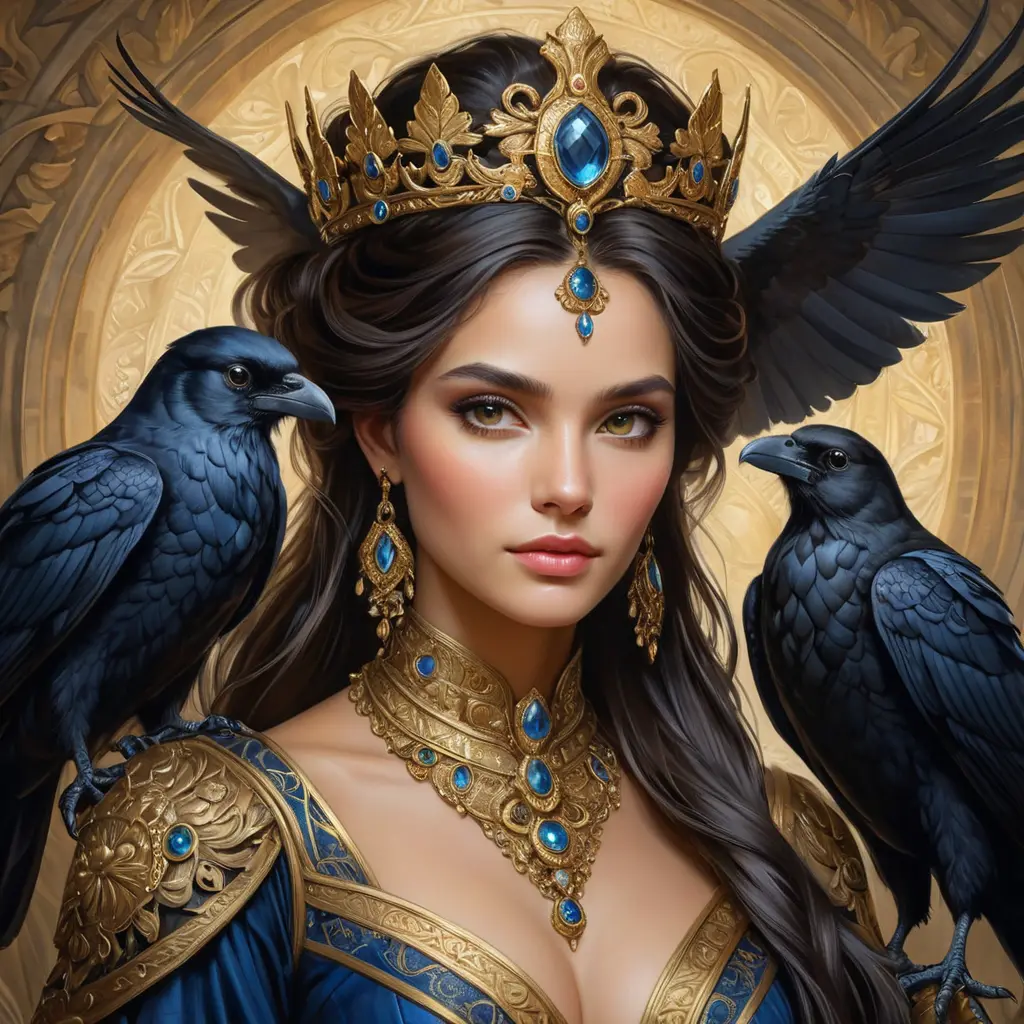 A regal queen of an uncharted land, with hair as dark as the raven's wing and eyes that hold the wisdom of the ages, her attire a tapestry of the earth's rich palette, surrounded by creatures of myth and legend., Highly Detailed, Half Body, Gorgeous, Stunning, Elegant by Stanley Artgerm Lau