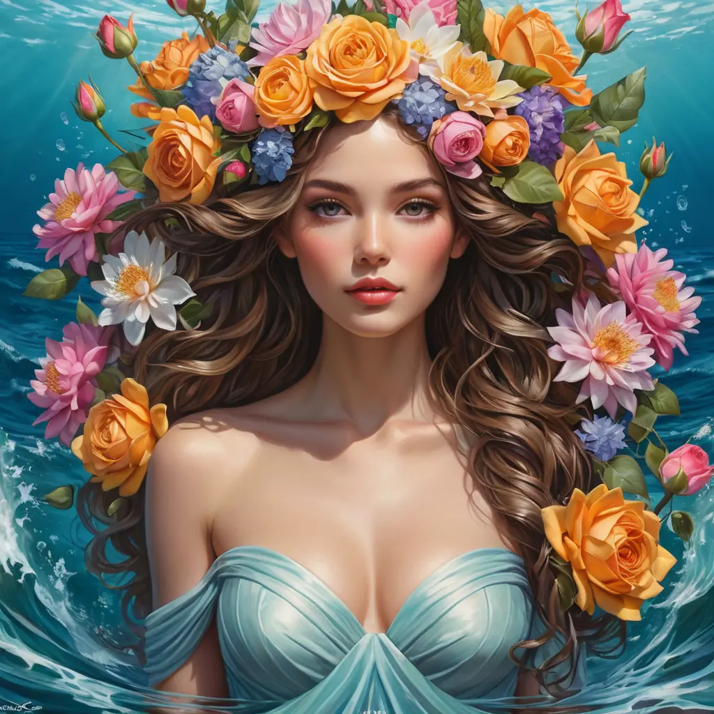 A goddess-like figure emerging from a canvas of vibrant flowers, with skin as radiant as roses and eyes reflecting the depth of the ocean, her hair a crown of intertwined blooms, capturing the essence of spring's bounty., Highly Detailed, Half Body, Gorgeous, Stunning, Elegant by Stanley Artgerm Lau