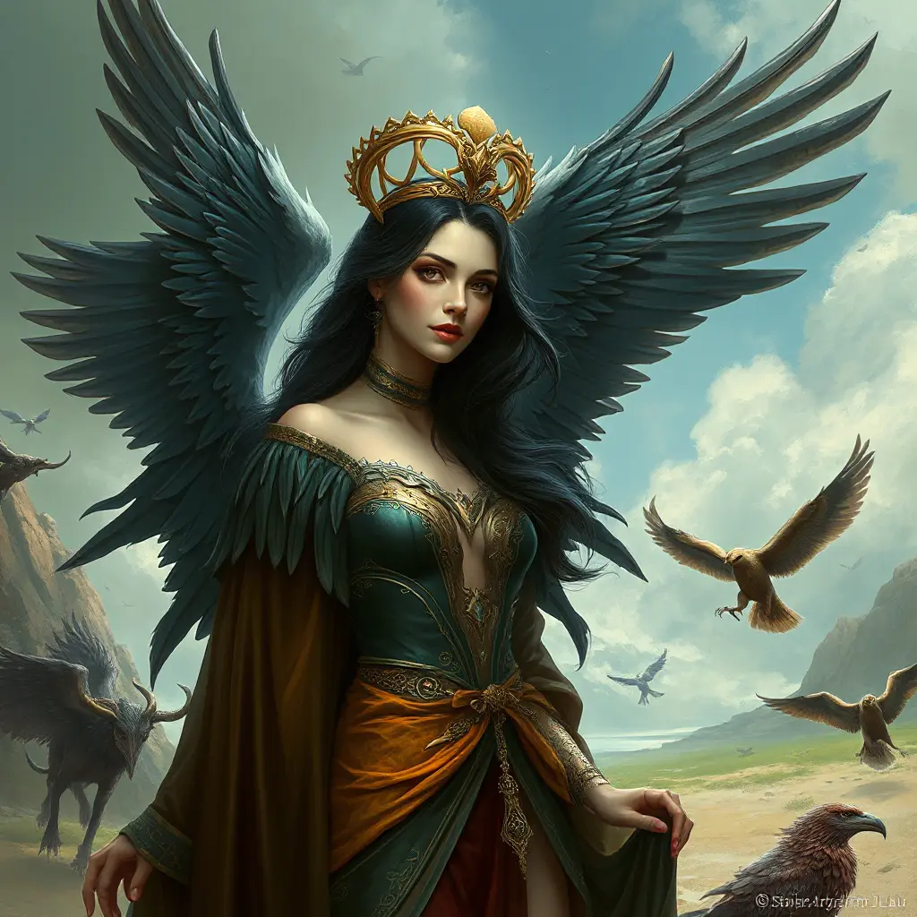 A regal queen of an uncharted land, with hair as dark as the raven's wing and eyes that hold the wisdom of the ages, her attire a tapestry of the earth's rich palette, surrounded by creatures of myth and legend., Highly Detailed, Half Body, Gorgeous, Stunning, Elegant by Stanley Artgerm Lau