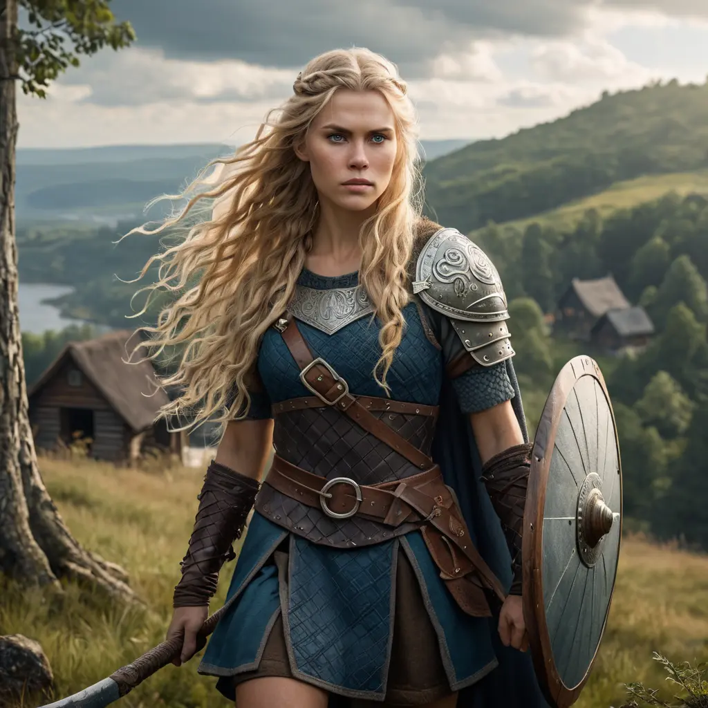 A Viking shieldmaiden with long, wild blonde hair and a fierce battle-axe, standing on the edge of a forest, with a village in the background, Highly Detailed, Half Body, Gorgeous, Stunning, Elegant by Greg Rutkowski