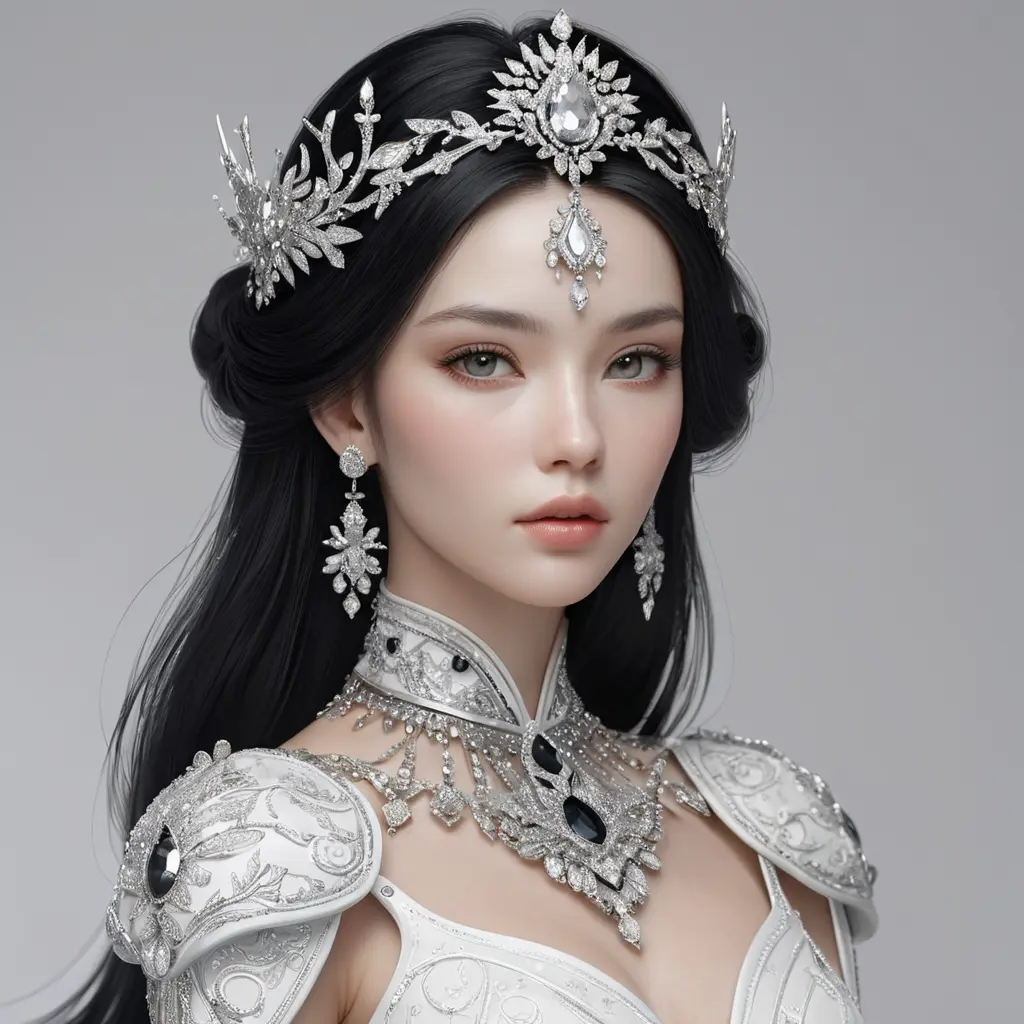 Ethereal queen with porcelain skin and raven-black hair adorned with diamonds, Highly Detailed, Half Body, Gorgeous, Stunning, Elegant by WLOP