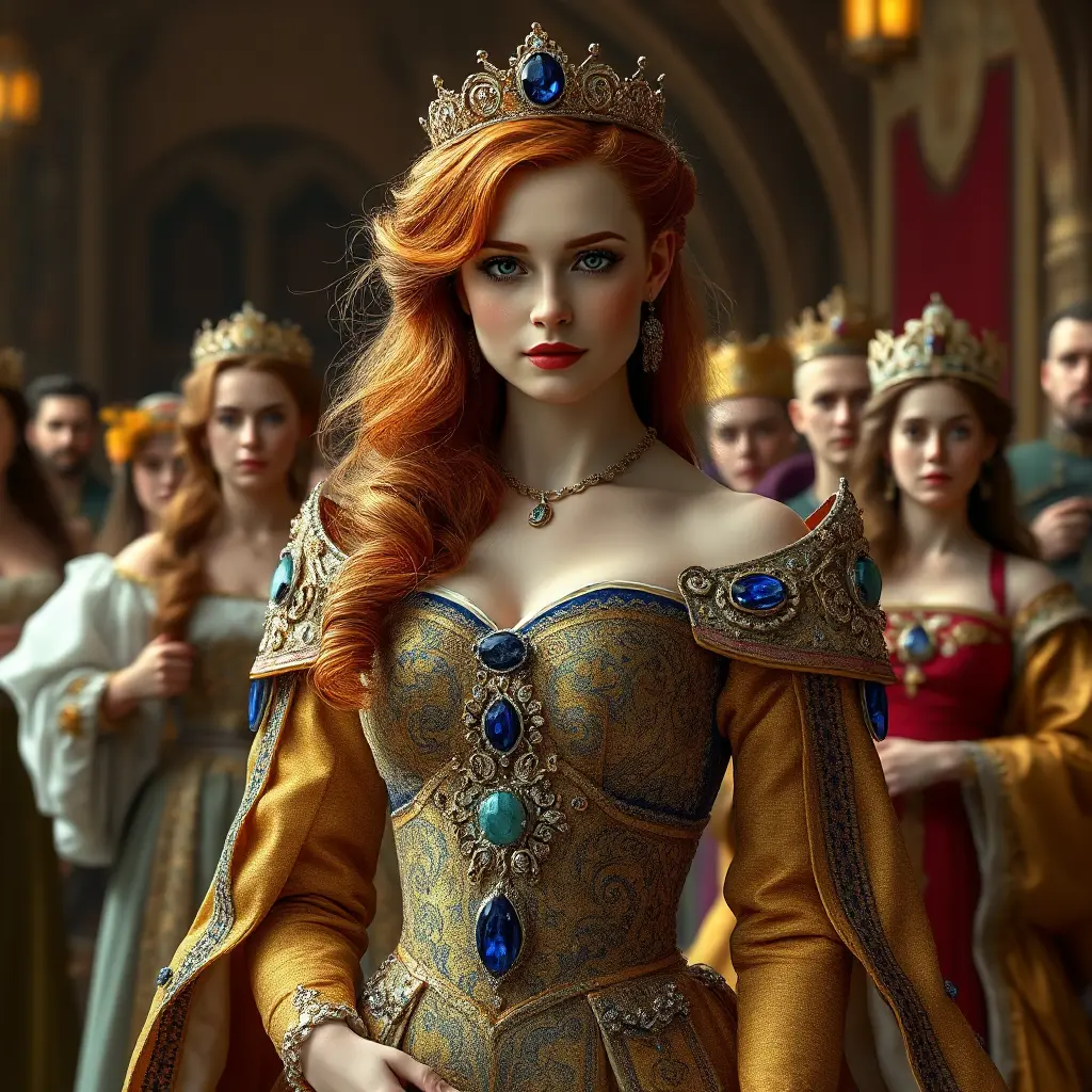 A regal queen with porcelain skin and fiery red locks, adorned in a gown of shimmering gold and sapphire, surrounded by a retinue of loyal courtiers, Highly Detailed, Half Body, Gorgeous, Stunning, Elegant by Stefan Kostic