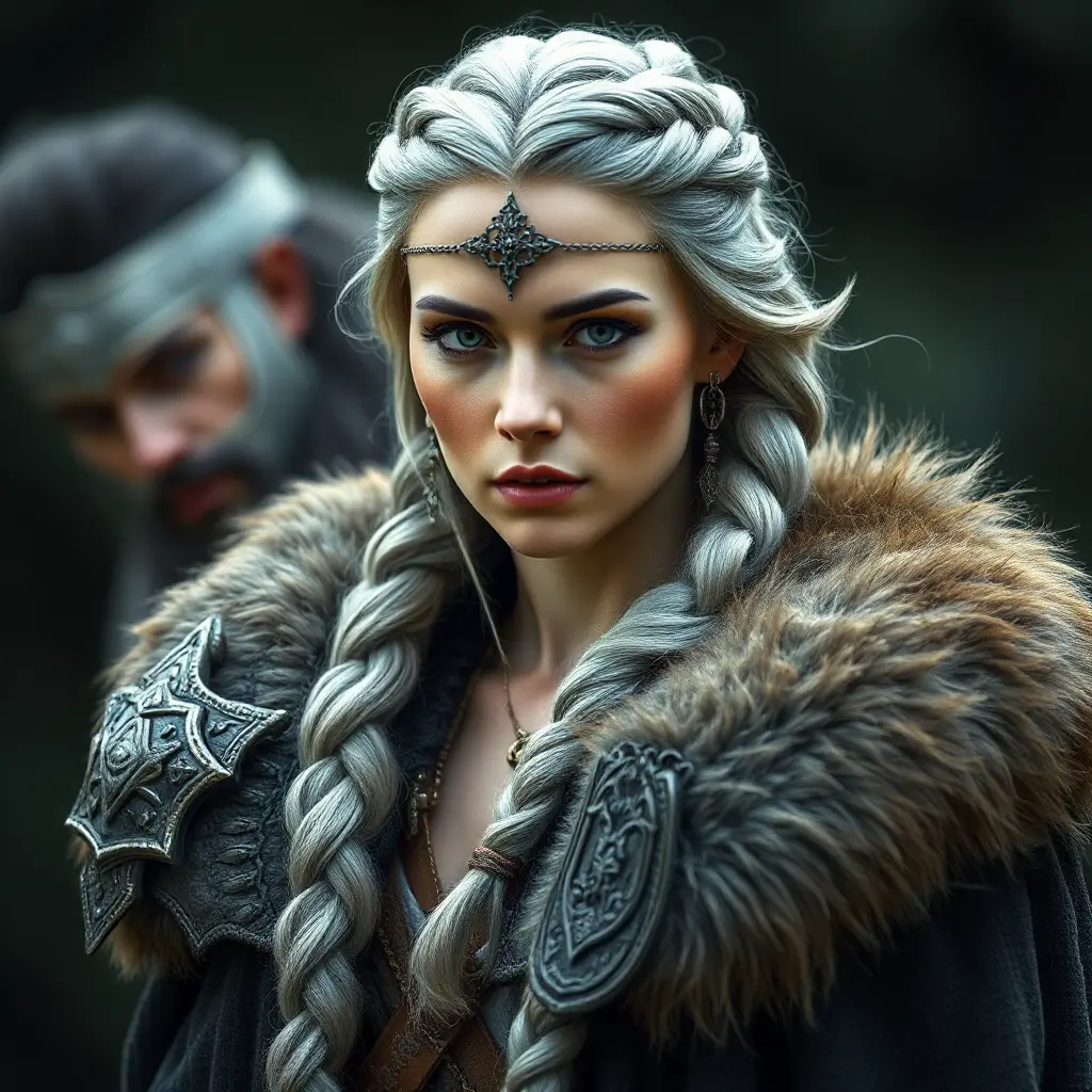 Viking warrior queen with braided silver hair and a fur-lined cloak, Highly Detailed, Half Body, Gorgeous, Stunning, Elegant by WLOP