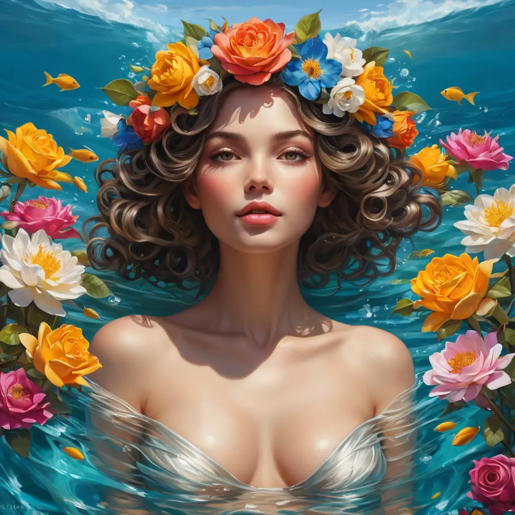 A goddess-like figure emerging from a canvas of vibrant flowers, with skin as radiant as roses and eyes reflecting the depth of the ocean, her hair a crown of intertwined blooms, capturing the essence of spring's bounty., Highly Detailed, Half Body, Gorgeous, Stunning, Elegant by Stanley Artgerm Lau