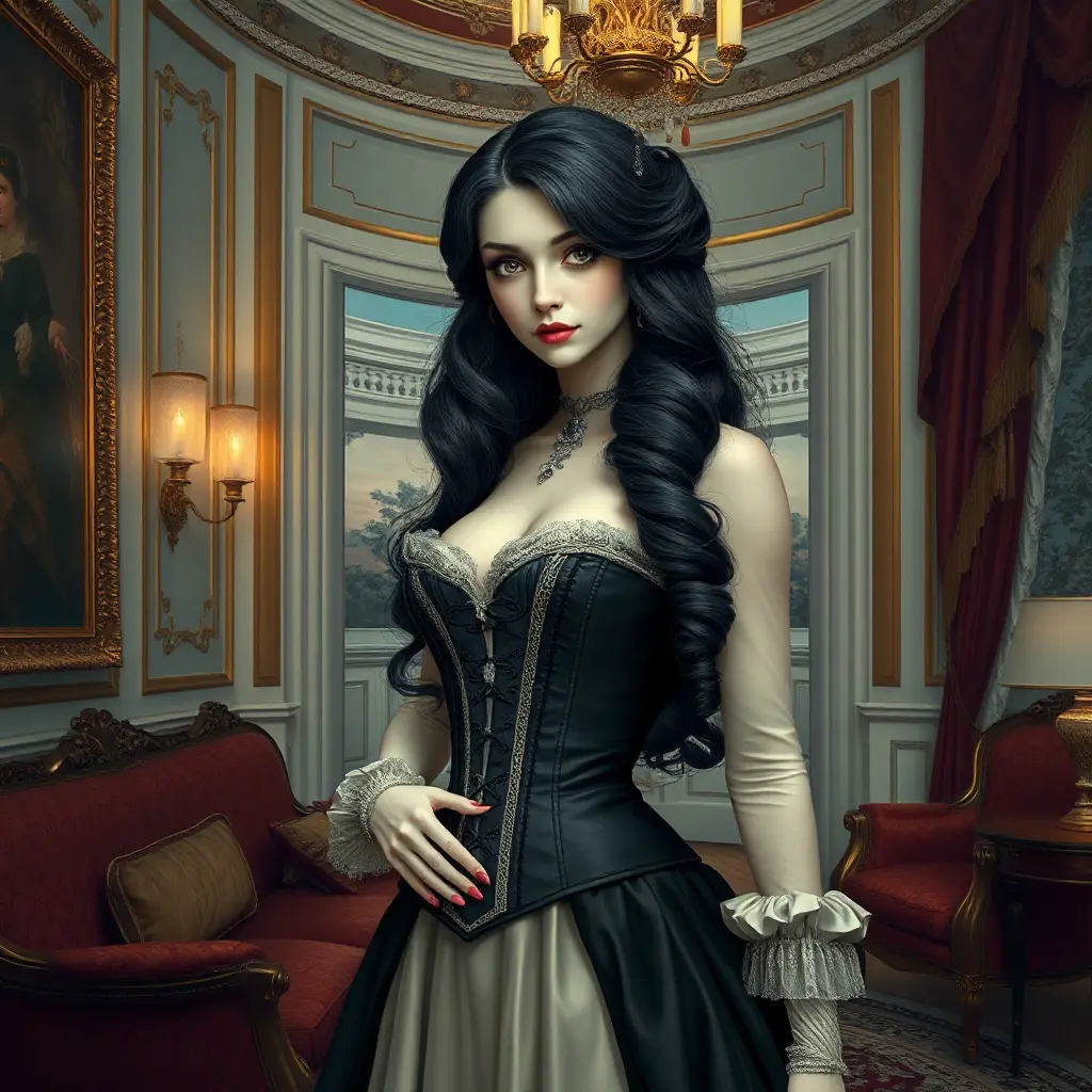 A Victorian-era aristocrat with porcelain skin and raven-black hair, dressed in a corset and bustle, surrounded by opulent furnishings and velvet drapes, Highly Detailed, Half Body, Gorgeous, Stunning, Elegant by Stefan Kostic