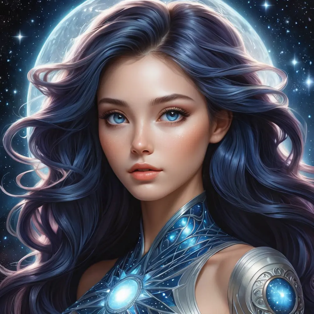 celestial being with cosmic eyes, stardust-infused tresses, and a transcendent aura, Highly Detailed, Half Body, Gorgeous, Stunning, Elegant by Stanley Artgerm Lau, Stefan Kostic