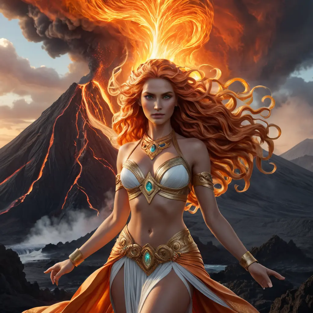 A mythological goddess with flowing, fiery locks and eyes that burn with inner power, standing in front of a roaring volcano, with light and lava swirling around her, Highly Detailed, Half Body, Gorgeous, Stunning, Elegant by Greg Rutkowski