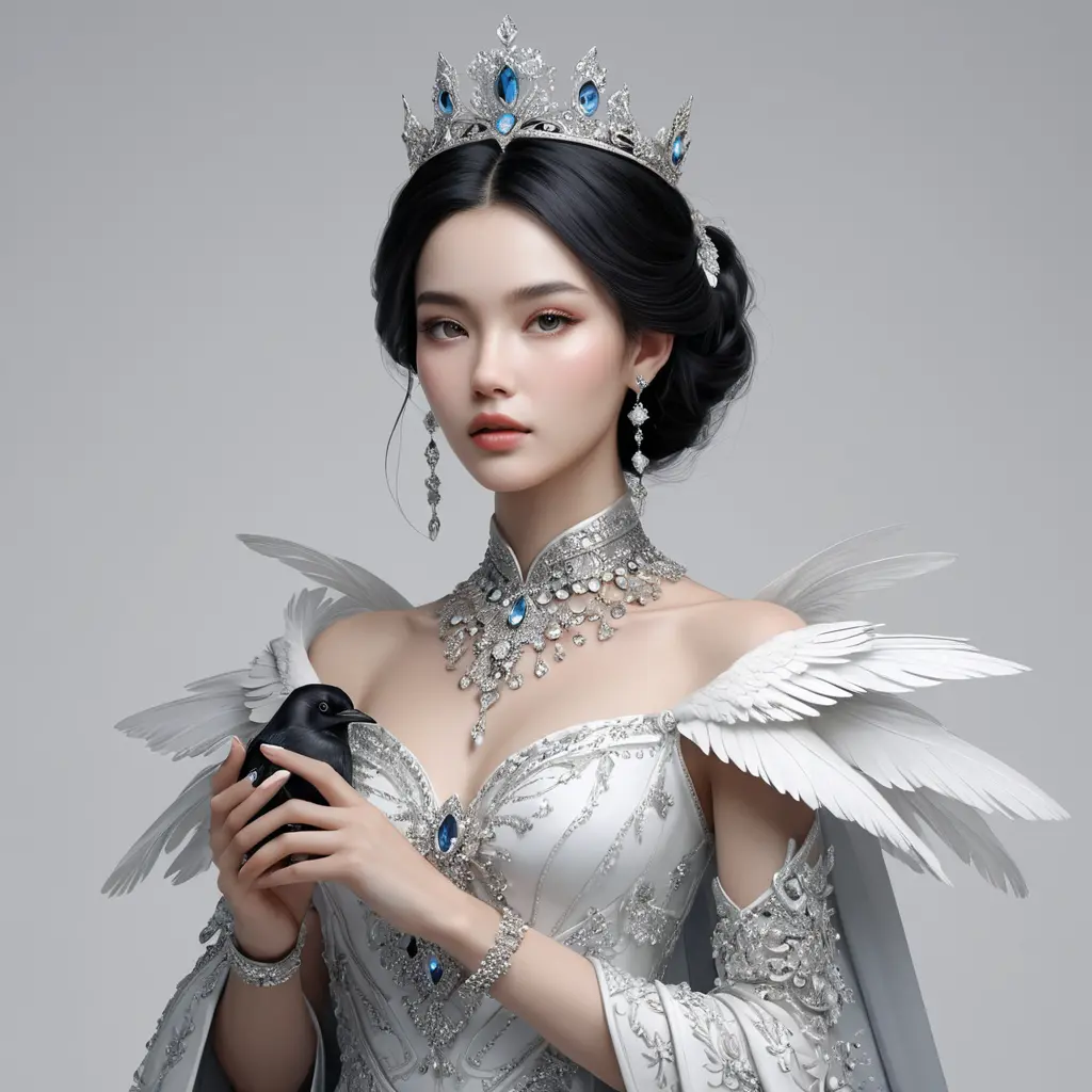 Ethereal queen with porcelain skin and raven-black hair adorned with diamonds, Highly Detailed, Half Body, Gorgeous, Stunning, Elegant by WLOP