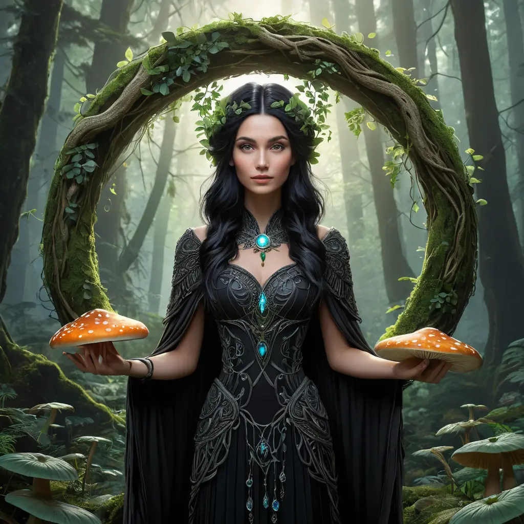 A mystical druid with leaves and vines woven into her raven-black hair, standing amidst a lush, ancient forest, surrounded by a circle of glowing, ethereal mushrooms, Highly Detailed, Half Body, Gorgeous, Stunning, Elegant by Stefan Kostic