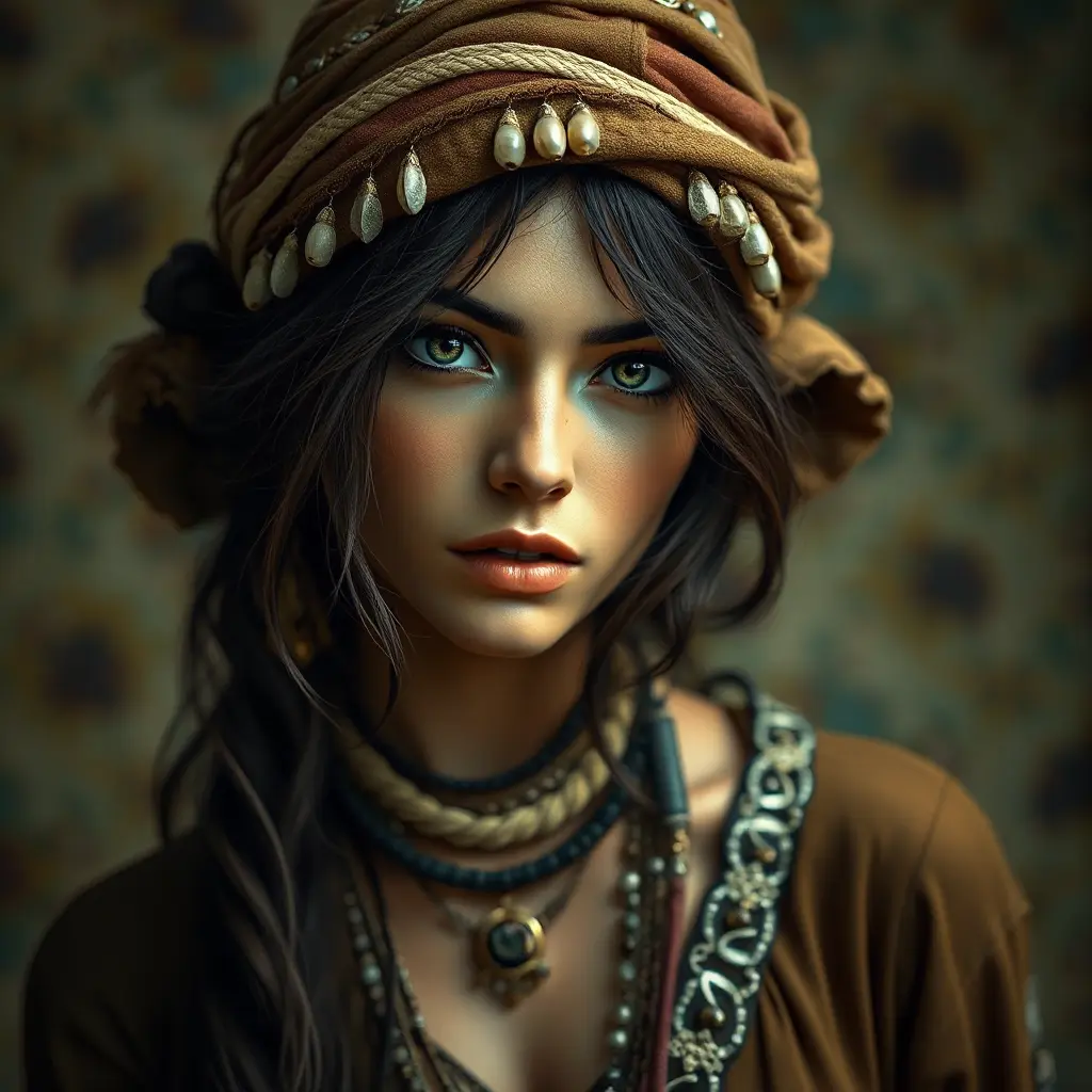 captivating gypsy with deep, soulful eyes, bohemian attire, and a carefree spirit, Highly Detailed, Half Body, Gorgeous, Stunning, Elegant by Stanley Artgerm Lau, Stefan Kostic