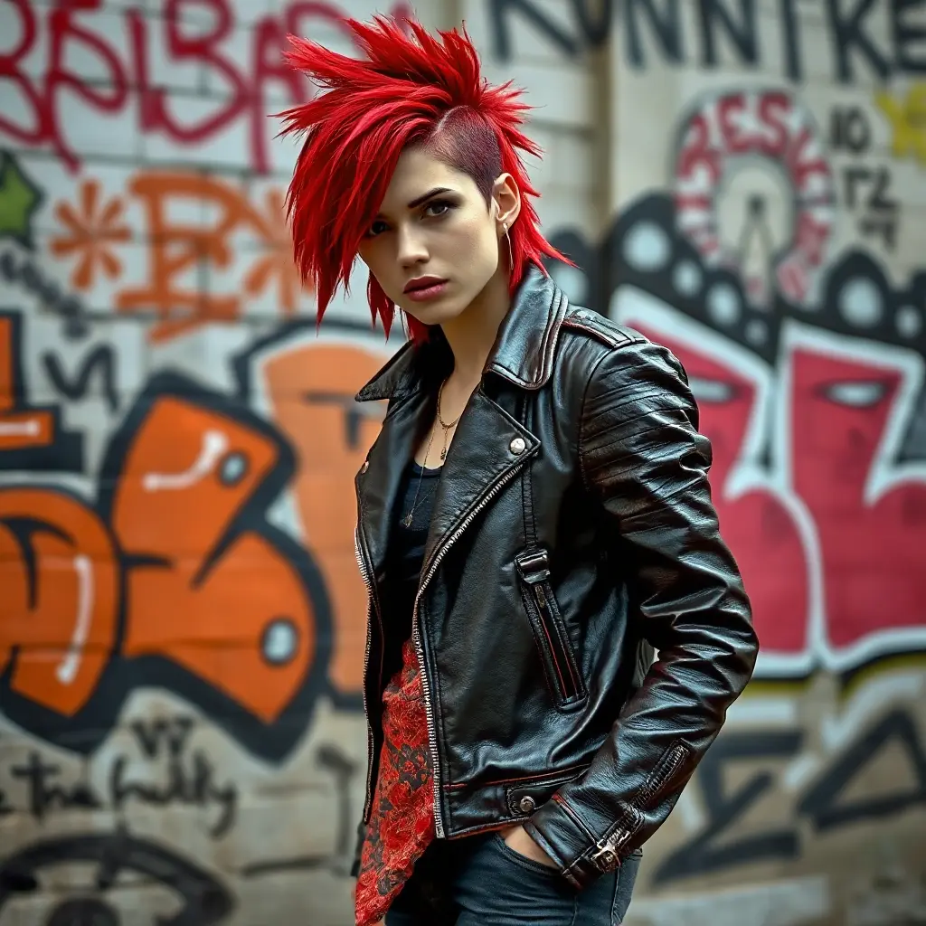 A rebellious punk rock icon with bold, crimson hair and a leather jacket, standing defiantly in front of a graffiti-covered city wall, Highly Detailed, Half Body, Gorgeous, Stunning, Elegant by Stefan Kostic