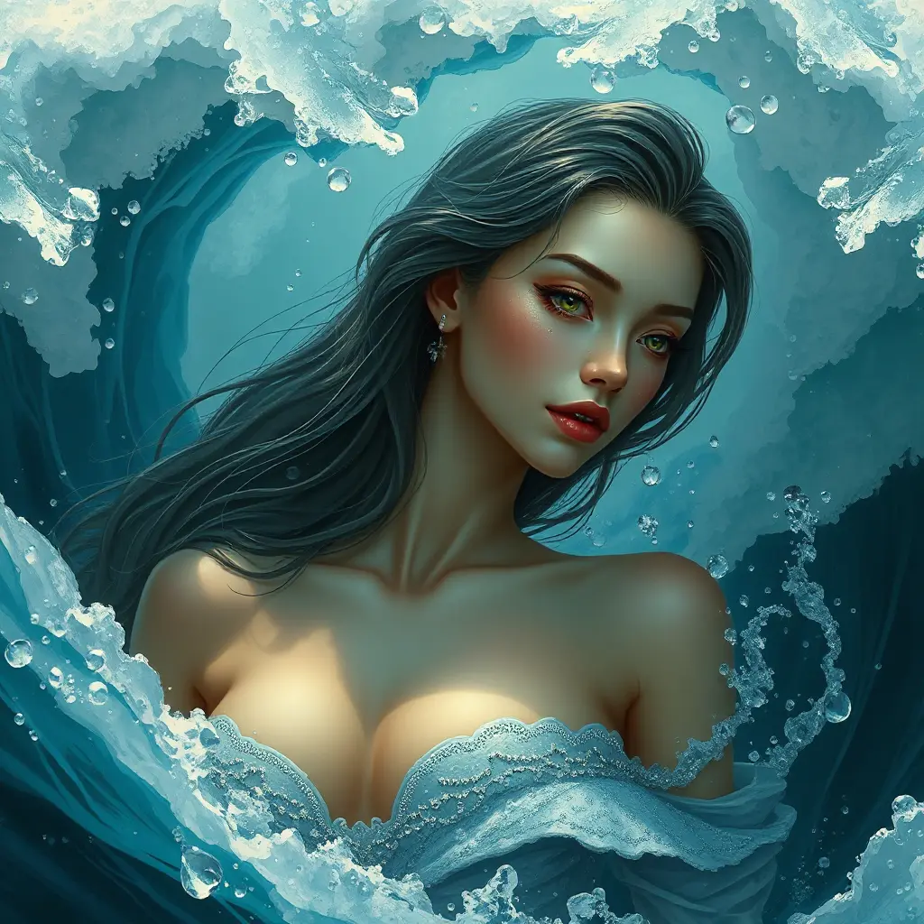 mysterious siren emerging from crashing waves, glistening droplets on her radiant skin, Highly Detailed, Half Body, Gorgeous, Stunning, Elegant by Stanley Artgerm Lau, Stefan Kostic