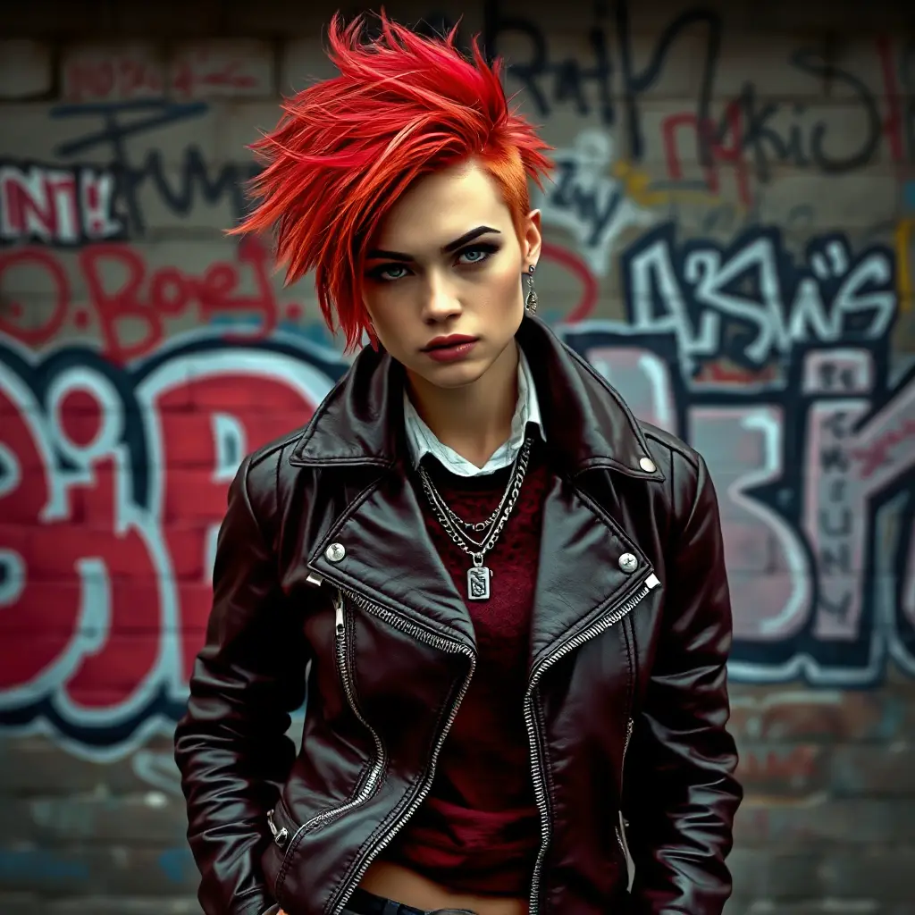 A rebellious punk rock icon with bold, crimson hair and a leather jacket, standing defiantly in front of a graffiti-covered city wall, Highly Detailed, Half Body, Gorgeous, Stunning, Elegant by Stefan Kostic