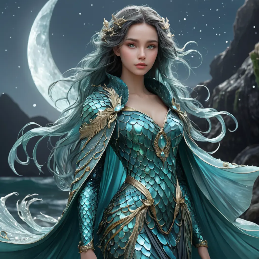 Moonlit siren with shimmering aquamarine scales and a flowing seaweed-like cloak, Highly Detailed, Half Body, Gorgeous, Stunning, Elegant by WLOP