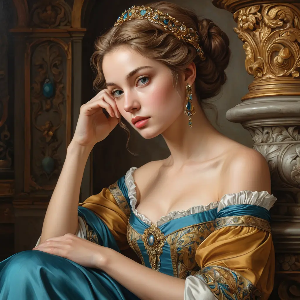 An embodiment of renaissance beauty, painted with colors that blend the Renaissance era's elegance and modern artistry, her expression one of thoughtful contemplation amidst an ornate studio filled with artifacts of the past., Highly Detailed, Half Body, Gorgeous, Stunning, Elegant by Stanley Artgerm Lau