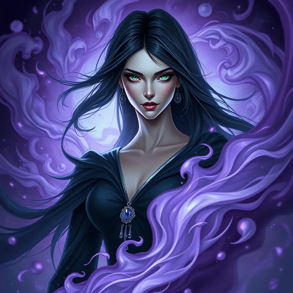 A mystical sorceress with piercing emerald eyes and raven-black hair, standing amidst a swirling vortex of purple mist, Highly Detailed, Half Body, Gorgeous, Stunning, Elegant by Stefan Kostic