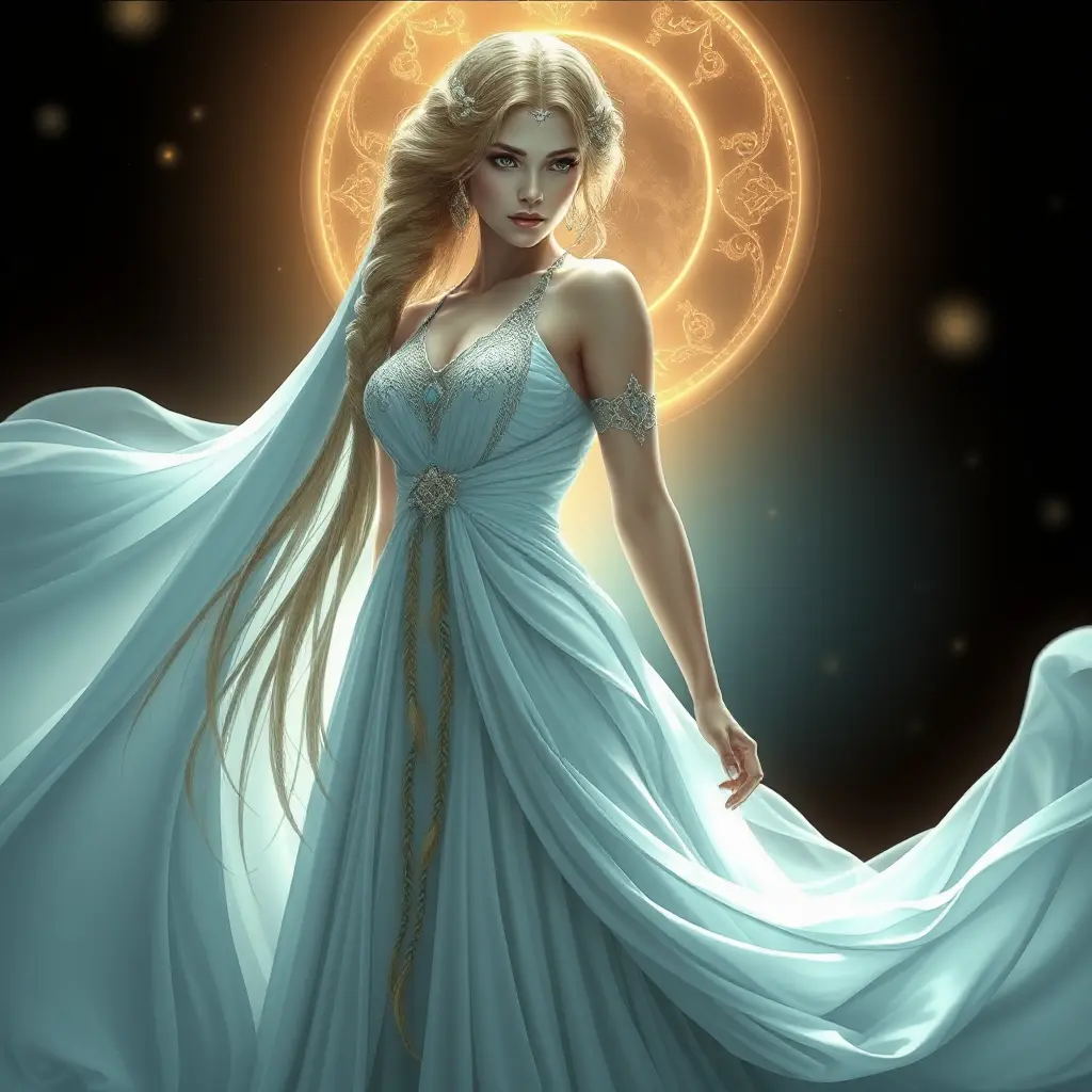 ethereal goddess with flowing gown, intricate braids, and otherworldly glow, Highly Detailed, Half Body, Gorgeous, Stunning, Elegant by Stanley Artgerm Lau, Stefan Kostic