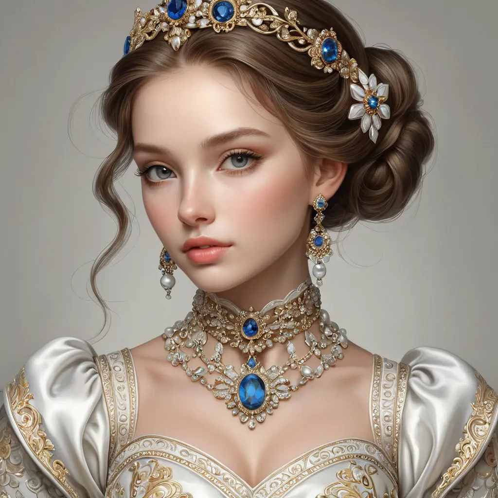 elegant renaissance beauty, porcelain skin, ornate jewels, and timeless grace, Highly Detailed, Half Body, Gorgeous, Stunning, Elegant by Stanley Artgerm Lau, Stefan Kostic