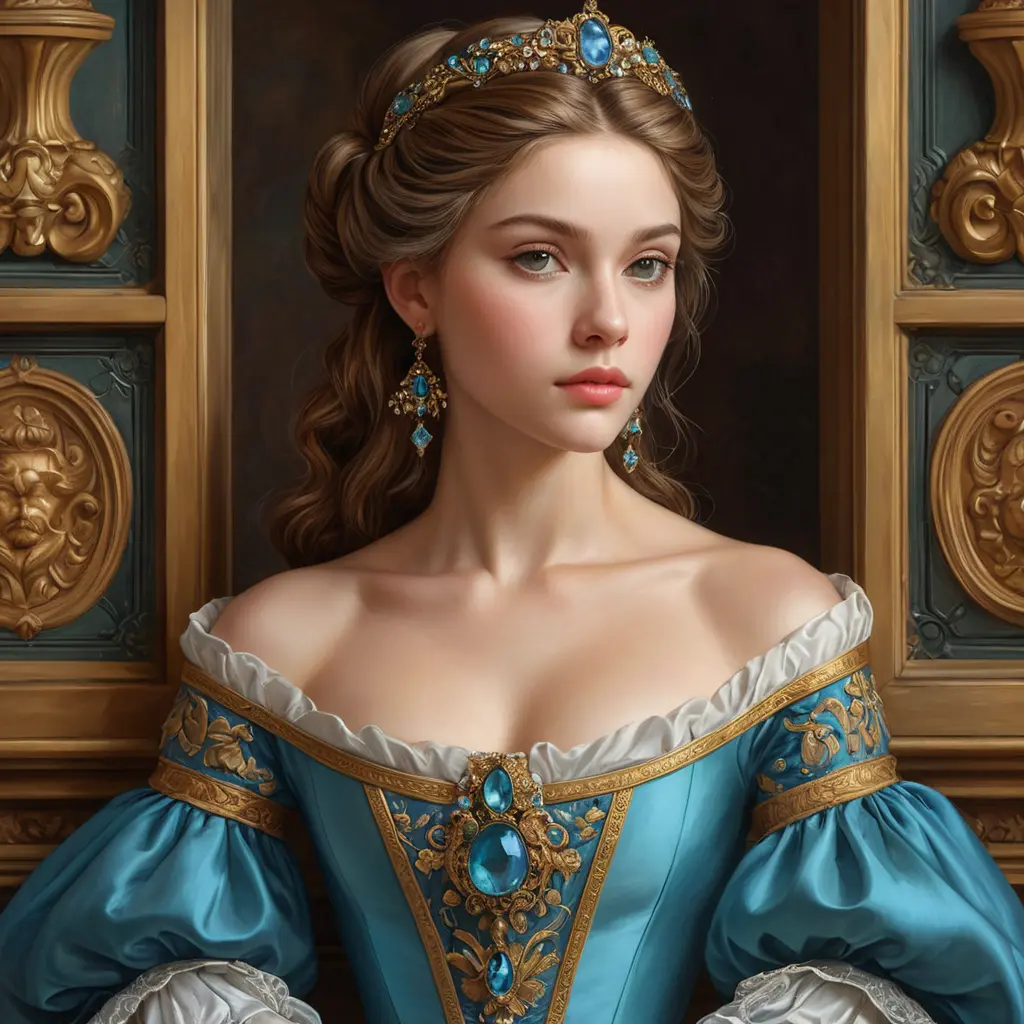 An embodiment of renaissance beauty, painted with colors that blend the Renaissance era's elegance and modern artistry, her expression one of thoughtful contemplation amidst an ornate studio filled with artifacts of the past., Highly Detailed, Half Body, Gorgeous, Stunning, Elegant by Stanley Artgerm Lau