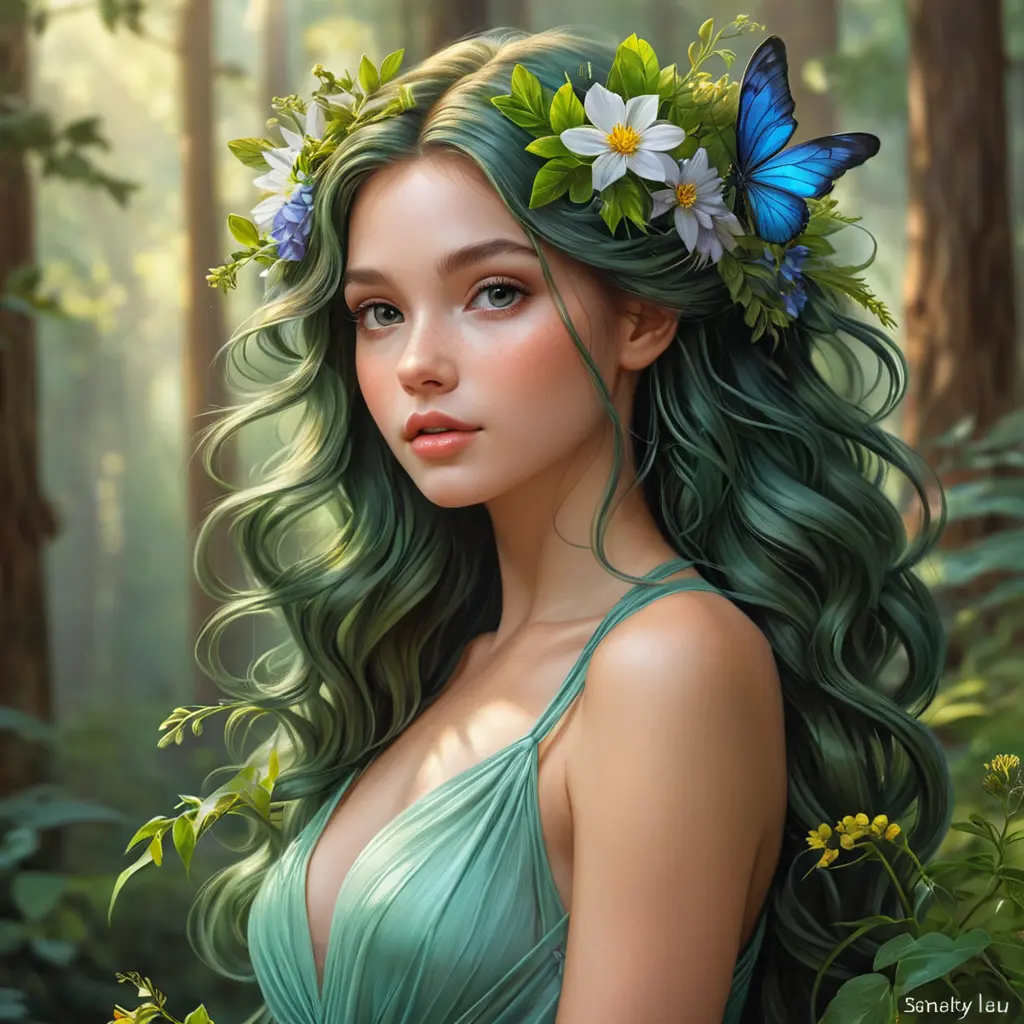 enchanting forest nymph with delicate features, vibrant wildflowers adorning her hair, Highly Detailed, Half Body, Gorgeous, Stunning, Elegant by Stanley Artgerm Lau, Stefan Kostic