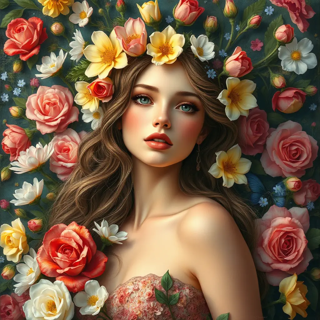 A goddess-like figure emerging from a canvas of vibrant flowers, with skin as radiant as roses and eyes reflecting the depth of the ocean, her hair a crown of intertwined blooms, capturing the essence of spring's bounty., Highly Detailed, Half Body, Gorgeous, Stunning, Elegant by Stanley Artgerm Lau