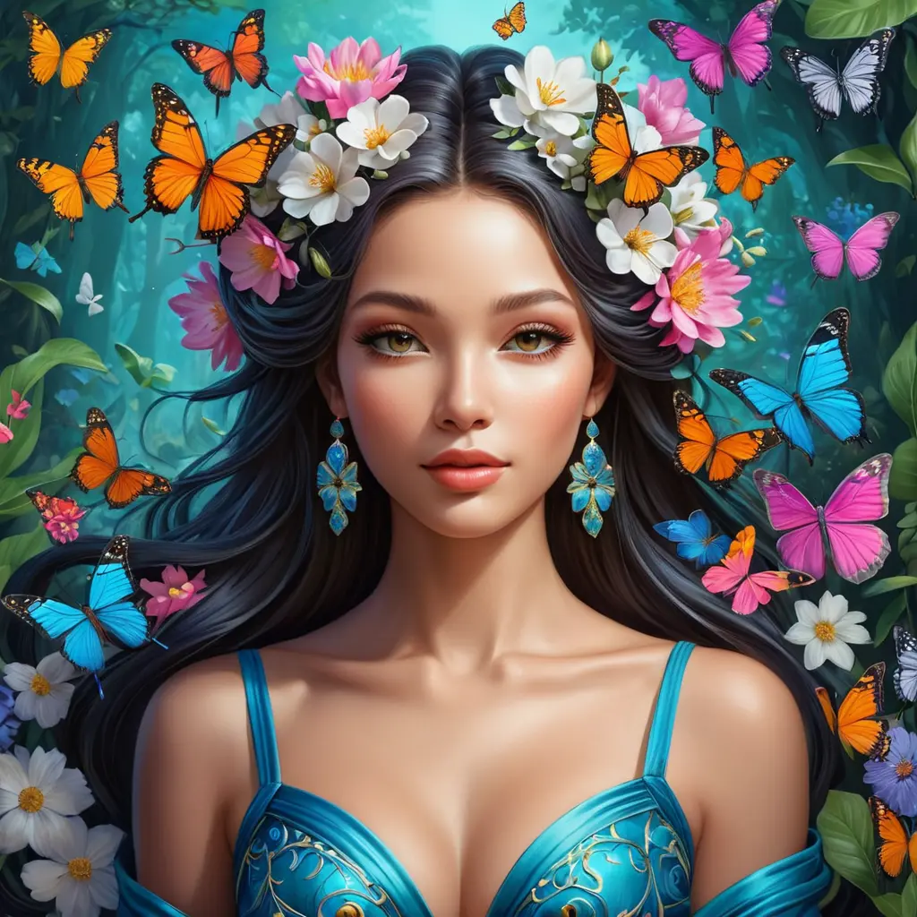 radiant goddess of nature, adorned with blossoms, surrounded by vibrant butterflies, Highly Detailed, Half Body, Gorgeous, Stunning, Elegant by Stanley Artgerm Lau, Stefan Kostic