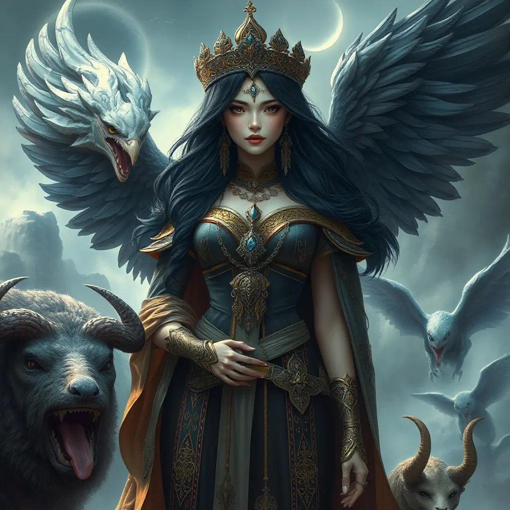 A regal queen of an uncharted land, with hair as dark as the raven's wing and eyes that hold the wisdom of the ages, her attire a tapestry of the earth's rich palette, surrounded by creatures of myth and legend., Highly Detailed, Half Body, Gorgeous, Stunning, Elegant by Stanley Artgerm Lau