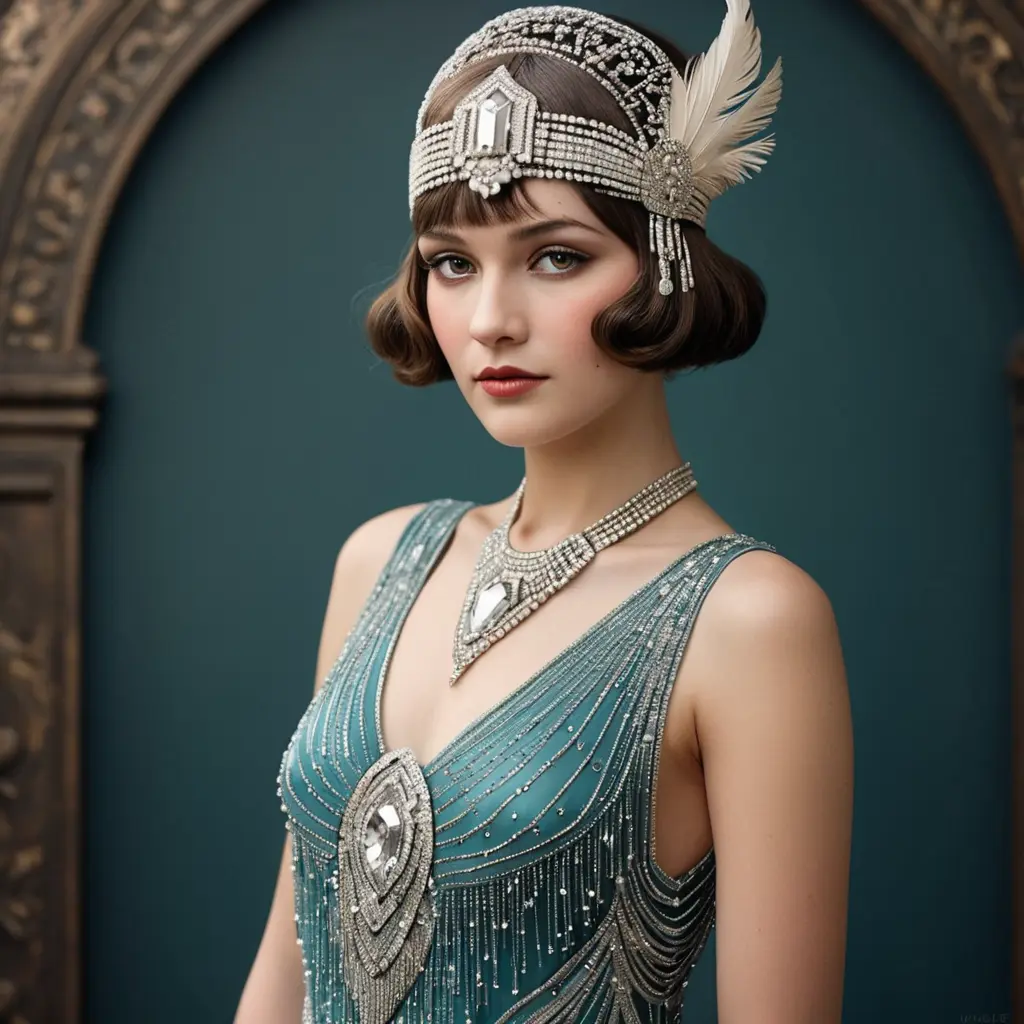 Art Deco flapper with a beaded fringe dress and a diamond-encrusted headpiece, Highly Detailed, Half Body, Gorgeous, Stunning, Elegant by WLOP