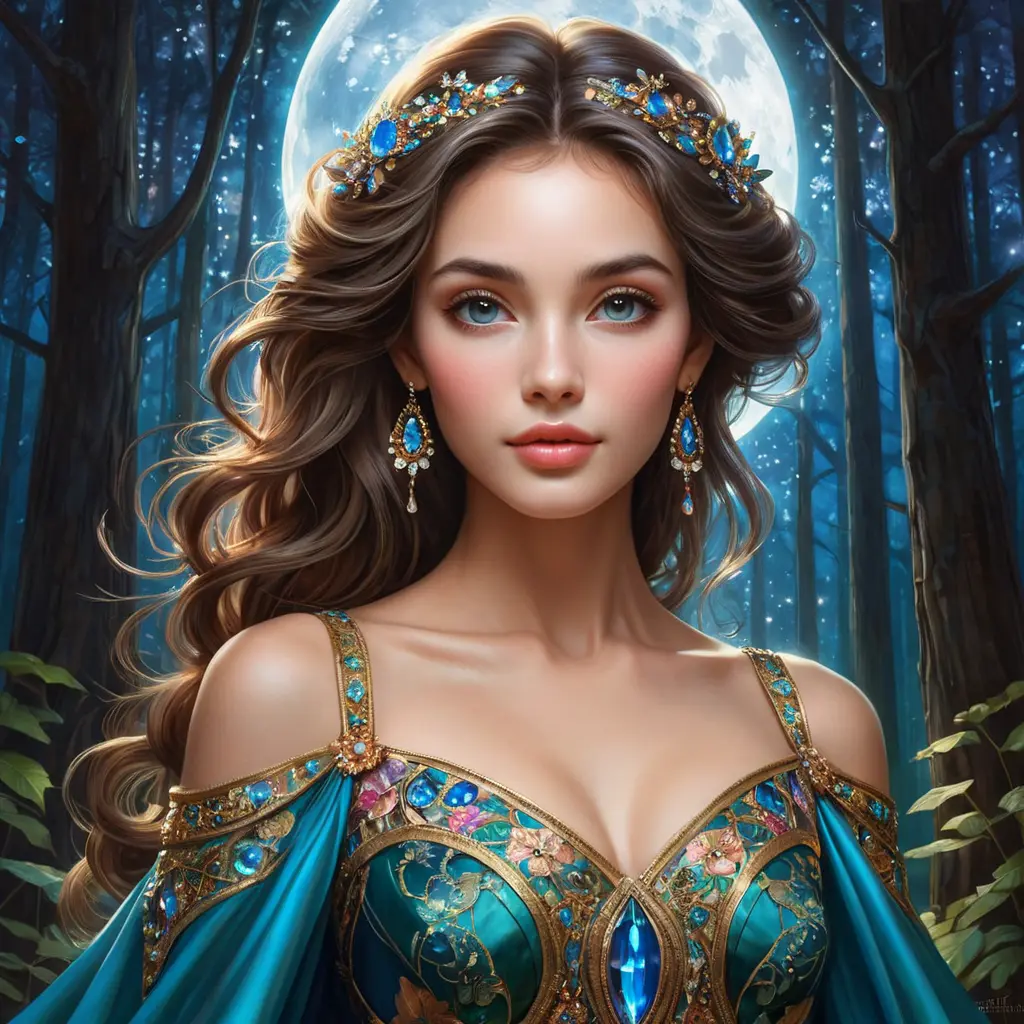 A woman whose beauty transcends time, draped in a gown that reflects the kaleidoscope of colors found in an enchanted forest, her skin glowing with the soft luminescence of moonlight, her eyes holding secrets as old as nature itself., Highly Detailed, Half Body, Gorgeous, Stunning, Elegant by Stanley Artgerm Lau