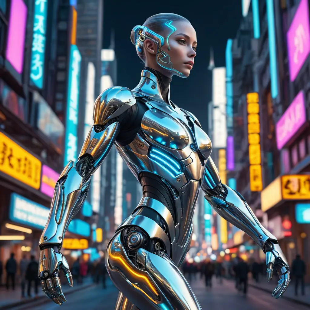 A futuristic cyborg with gleaming silver limbs and a radiant, iridescent aura, set against a backdrop of neon-lit cityscapes, Highly Detailed, Half Body, Gorgeous, Stunning, Elegant by Stefan Kostic