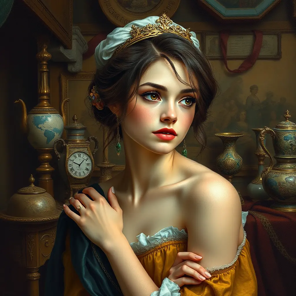 An embodiment of renaissance beauty, painted with colors that blend the Renaissance era's elegance and modern artistry, her expression one of thoughtful contemplation amidst an ornate studio filled with artifacts of the past., Highly Detailed, Half Body, Gorgeous, Stunning, Elegant by Stanley Artgerm Lau