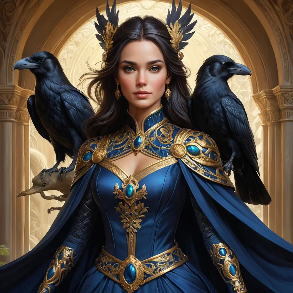 A regal queen of an uncharted land, with hair as dark as the raven's wing and eyes that hold the wisdom of the ages, her attire a tapestry of the earth's rich palette, surrounded by creatures of myth and legend., Highly Detailed, Half Body, Gorgeous, Stunning, Elegant by Stanley Artgerm Lau