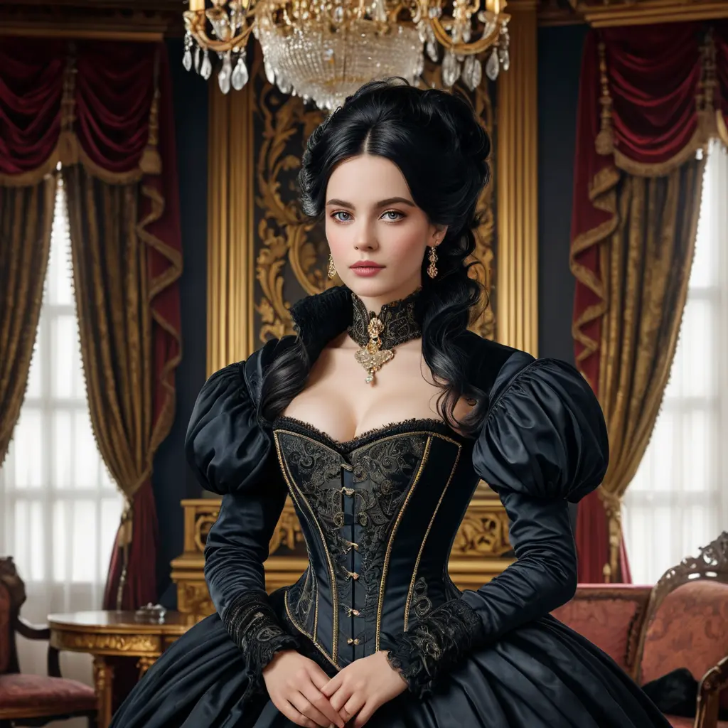 A Victorian-era aristocrat with porcelain skin and raven-black hair, dressed in a corset and bustle, surrounded by opulent furnishings and velvet drapes, Highly Detailed, Half Body, Gorgeous, Stunning, Elegant by Stefan Kostic