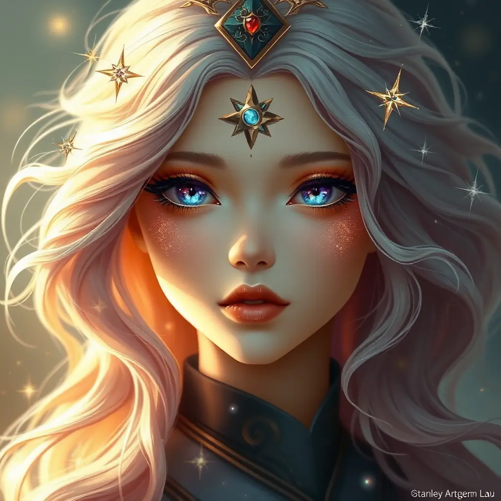 celestial being with cosmic eyes, stardust-infused tresses, and a transcendent aura, Highly Detailed, Half Body, Gorgeous, Stunning, Elegant by Stanley Artgerm Lau, Stefan Kostic