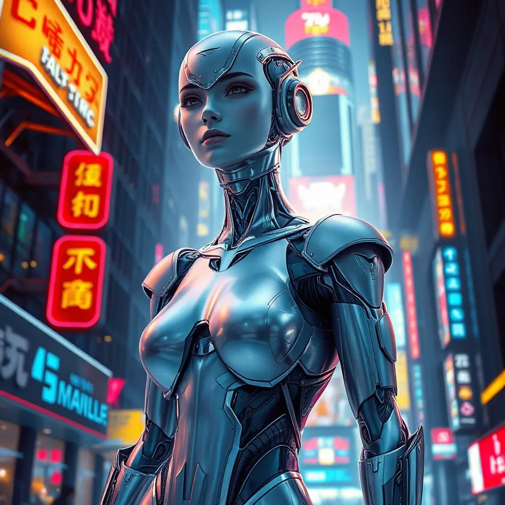 A futuristic cyborg with gleaming silver limbs and a radiant, iridescent aura, set against a backdrop of neon-lit cityscapes, Highly Detailed, Half Body, Gorgeous, Stunning, Elegant by Stefan Kostic