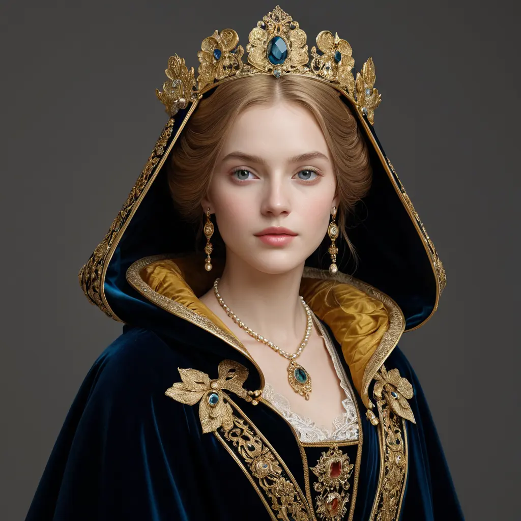 Renaissance-era noblewoman with a intricate golden headdress and a velvet cloak, Highly Detailed, Half Body, Gorgeous, Stunning, Elegant by WLOP