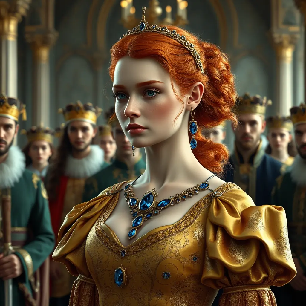 A regal queen with porcelain skin and fiery red locks, adorned in a gown of shimmering gold and sapphire, surrounded by a retinue of loyal courtiers, Highly Detailed, Half Body, Gorgeous, Stunning, Elegant by Stefan Kostic