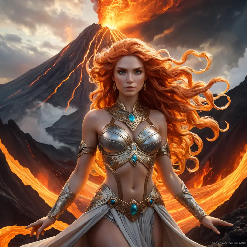 A mythological goddess with flowing, fiery locks and eyes that burn with inner power, standing in front of a roaring volcano, with light and lava swirling around her, Highly Detailed, Half Body, Gorgeous, Stunning, Elegant by Greg Rutkowski