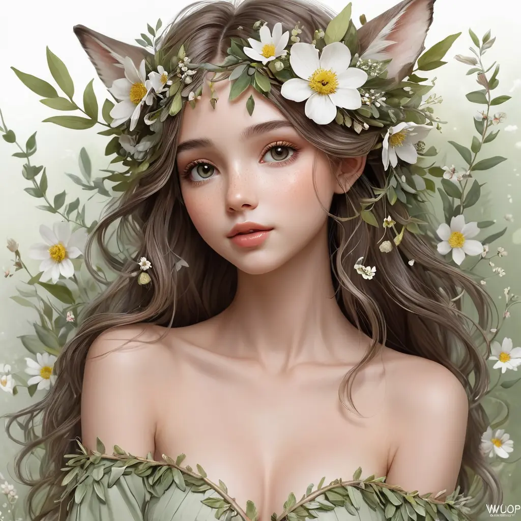 Whimsical woodland nymph with petal-soft skin and a garland of wildflowers, Highly Detailed, Half Body, Gorgeous, Stunning, Elegant by WLOP